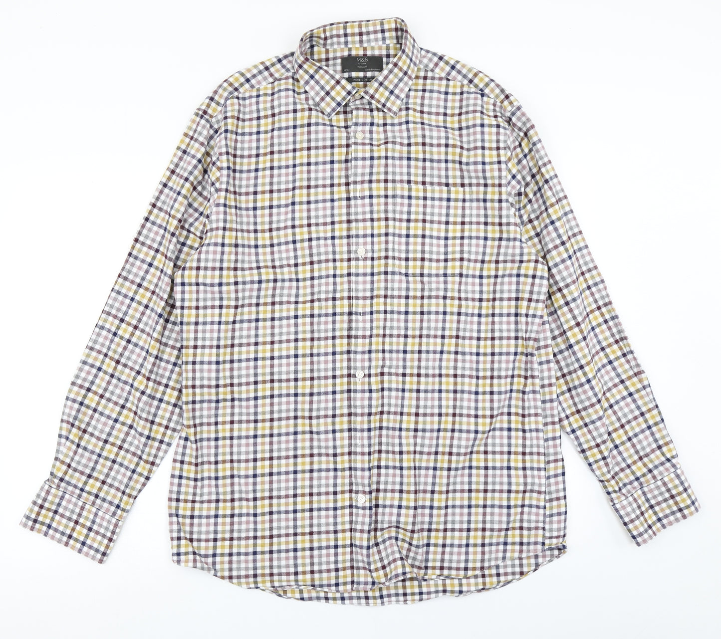 M&S Mens Brown Plaid   Button-Up Size 16.5