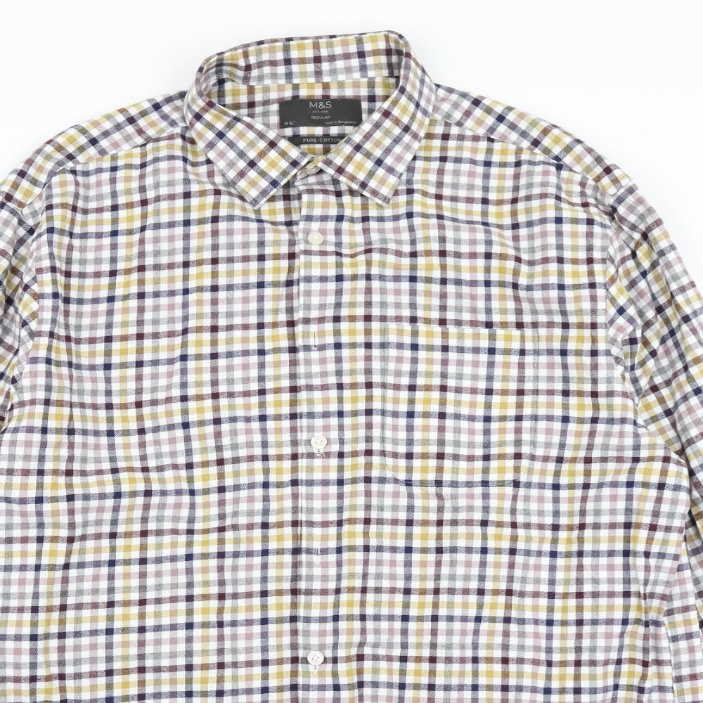 M&S Mens Brown Plaid   Button-Up Size 16.5