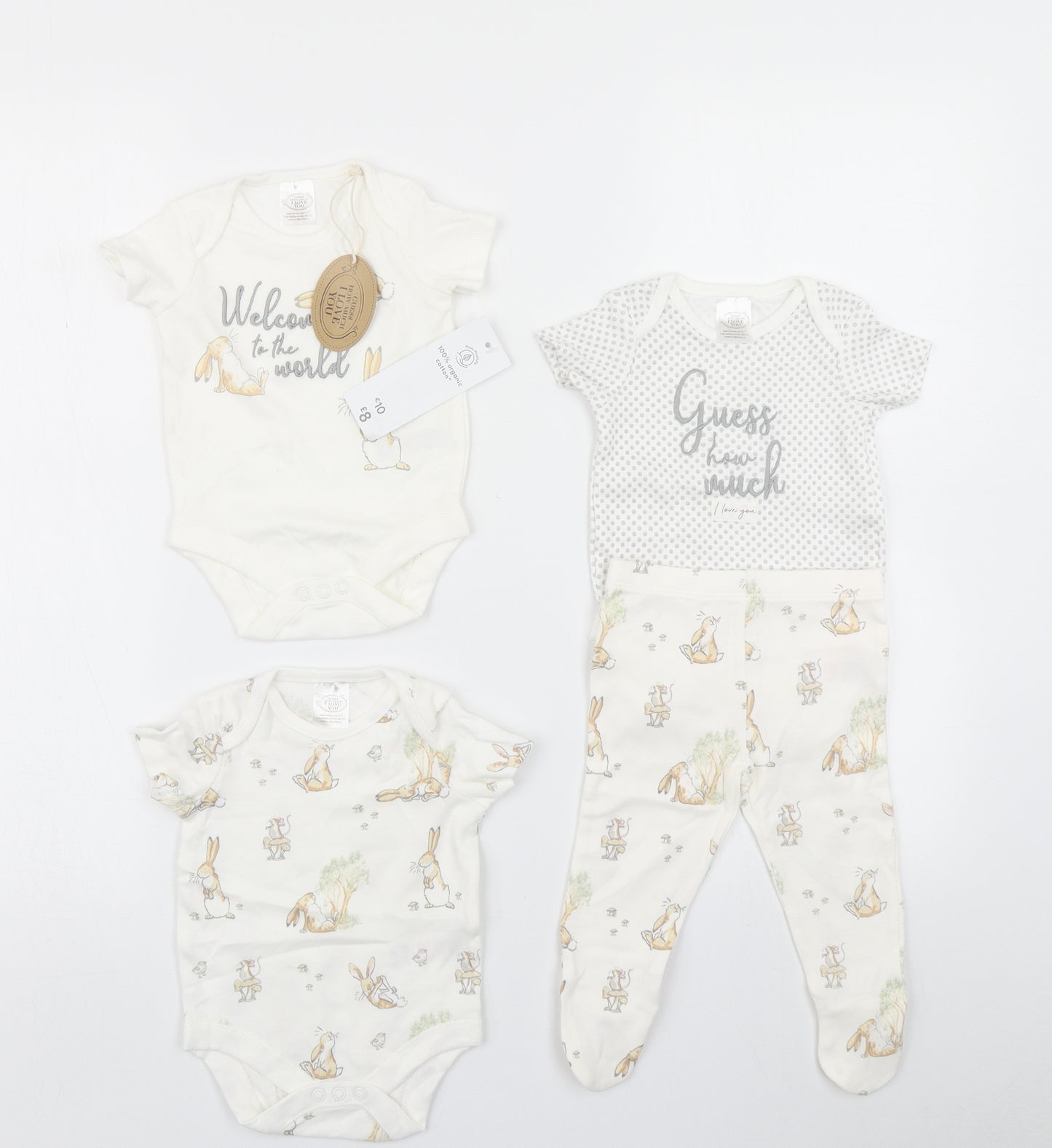 Tesco Baby White Polka Dot  Layette Set Outfit/Set Size 0-3 Months  - Guess how much i love you Rabbit