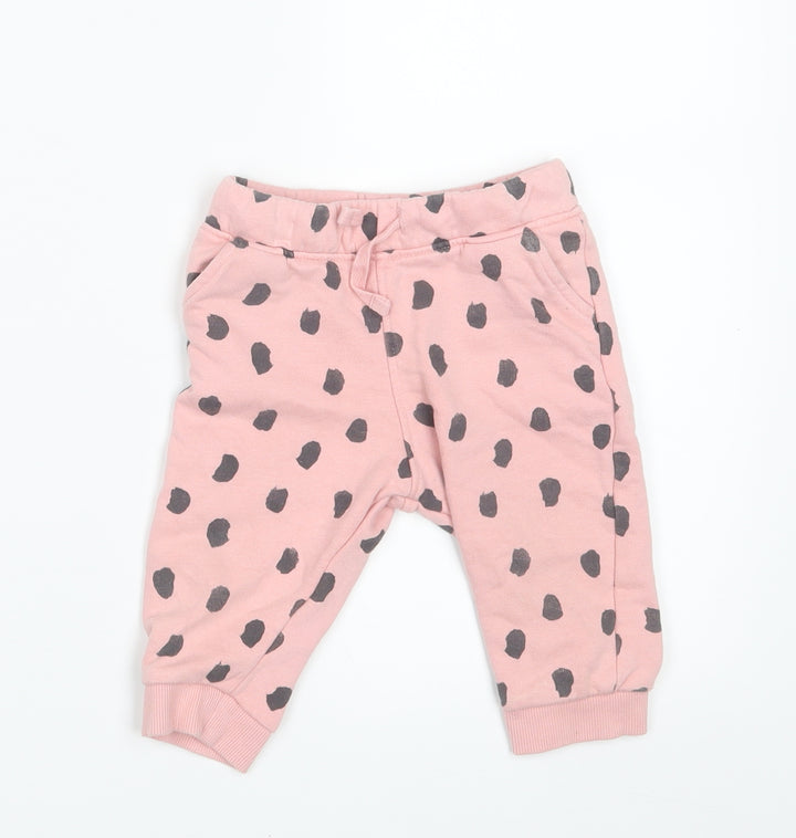 M&S Girls Pink Polka Dot Jogger Trousers Size 6-9 Months - Waist 18in; Inside leg 7in