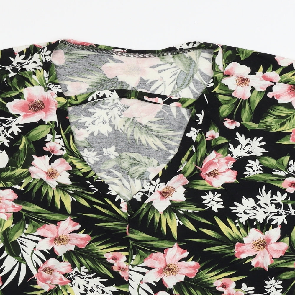 M&Co Womens Black Floral  Basic T-Shirt Size 14