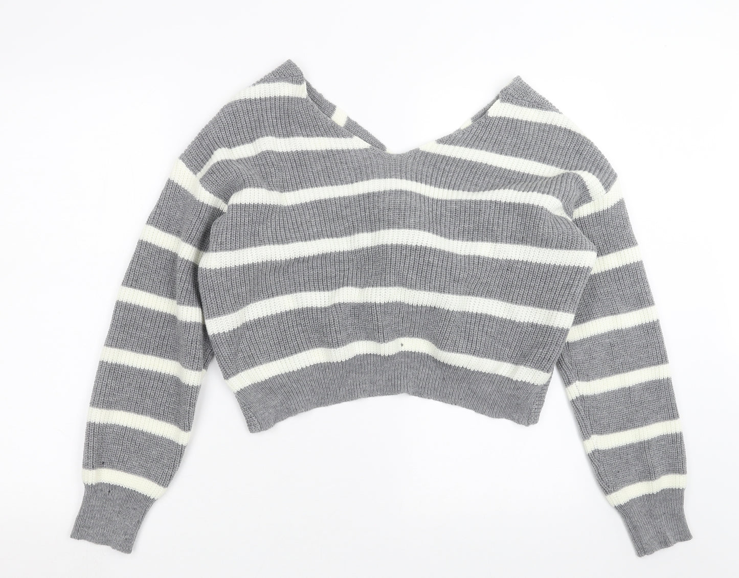 SheIn Womens Grey Striped Knit Pullover Jumper Size L  - Twist Detail