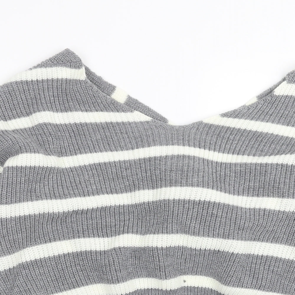 SheIn Womens Grey Striped Knit Pullover Jumper Size L  - Twist Detail