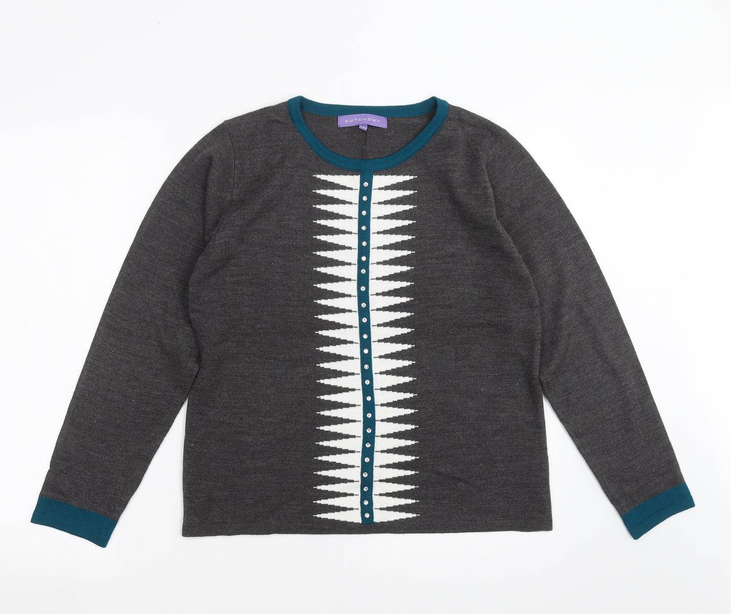 Autonomy Womens Grey Geometric Knit Pullover Jumper Size S