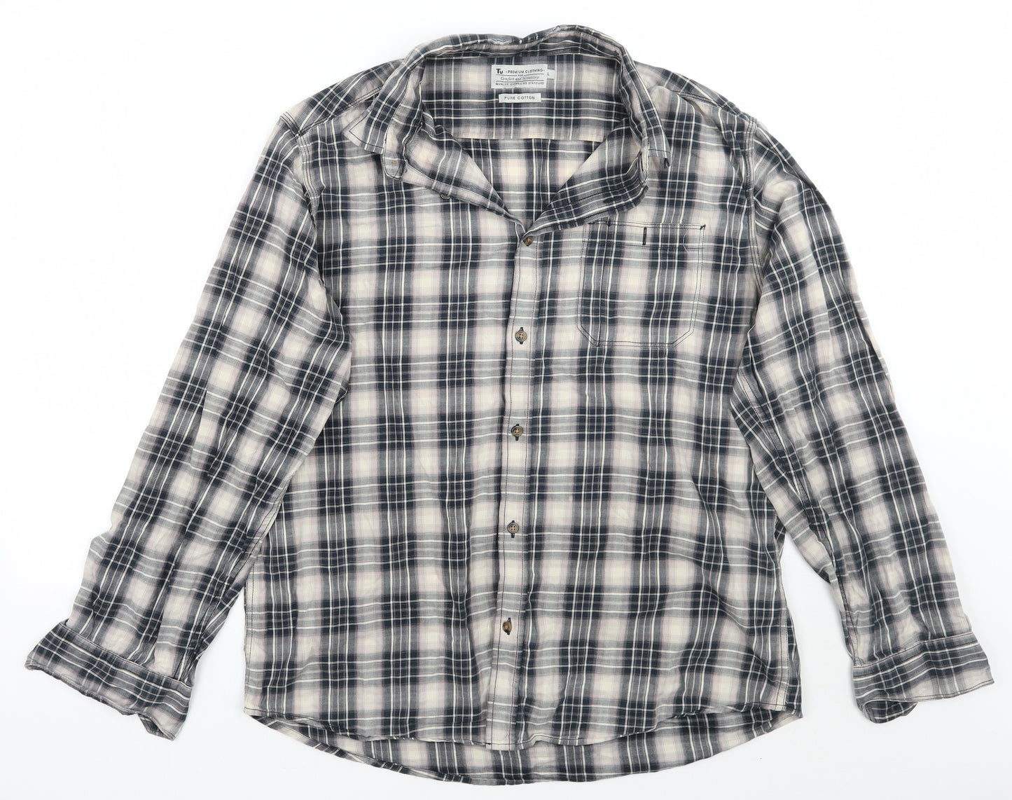 TU Mens Grey Check   Button-Up Size L