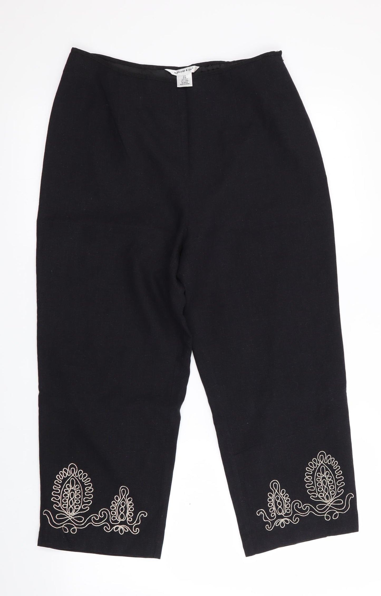 Malcolm & Co Womens Black   Cropped Trousers Size 10 L22 in - Embroidered Hem