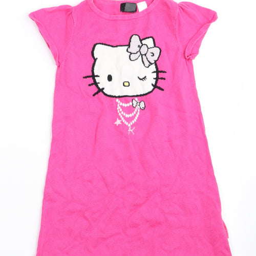 H&M Girls Pink Animal Print  Jumper Dress  Size 5-6 Years  - Cat with Glittery Bows
