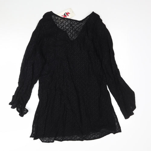 WOW Womens Black  Mesh Fit & Flare  Size S  - Flower embroidery short Dress/Long top
