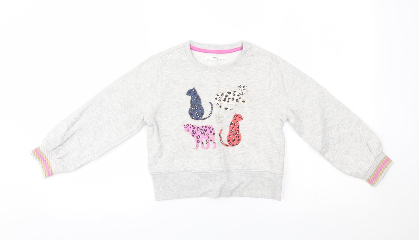 M&S Girls Grey   Pullover Jumper Size 7-8 Years  - wild cats