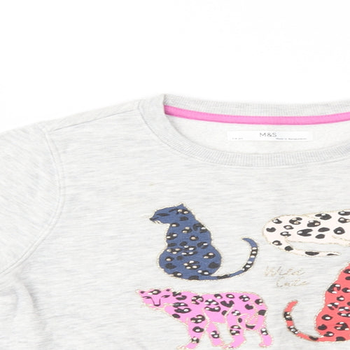 M&S Girls Grey   Pullover Jumper Size 7-8 Years  - wild cats