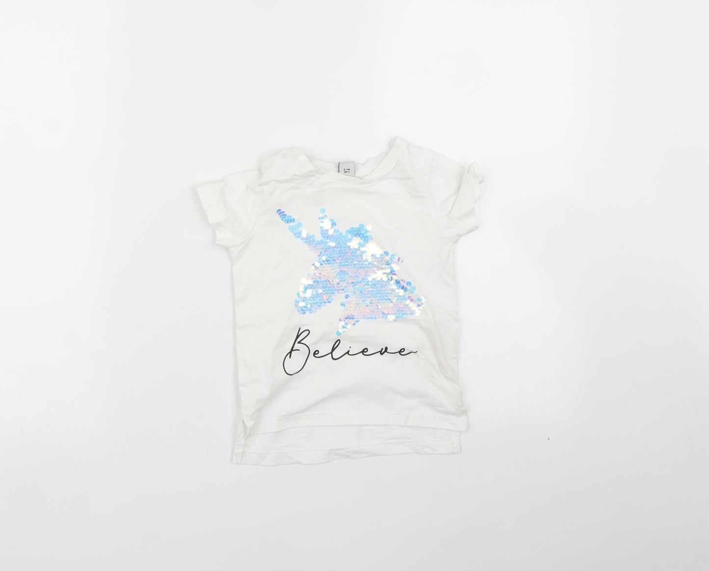 TU Girls White   Basic T-Shirt Size 3 Years  - Unicorn
