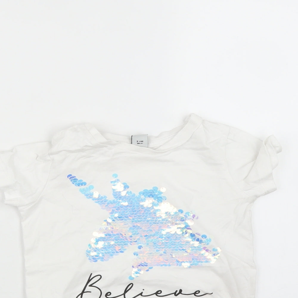 TU Girls White   Basic T-Shirt Size 3 Years  - Unicorn