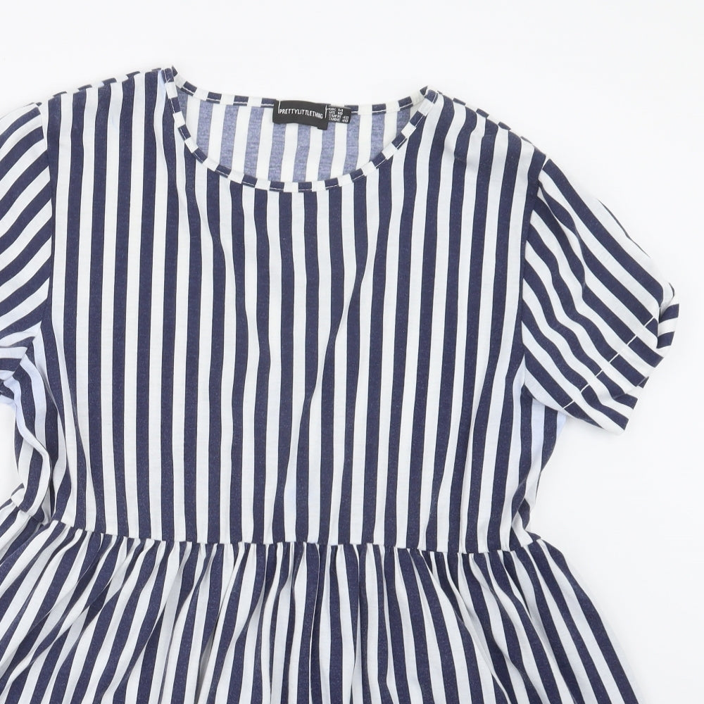 PRETTYLITTLETHING Womens Blue Striped  Basic T-Shirt Size 14