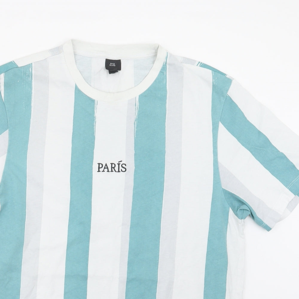 River Island Mens Blue Striped   T-Shirt Size L