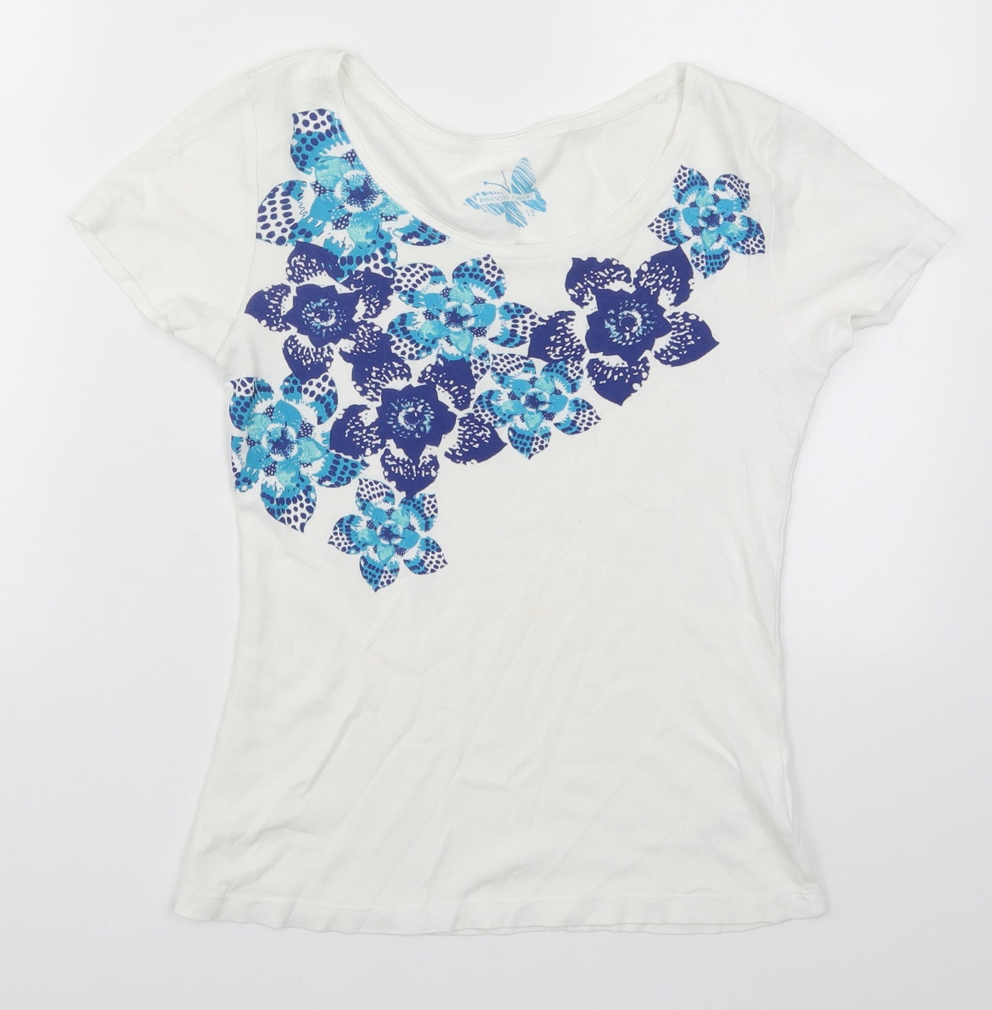 Debenhams Womens White Floral  Basic T-Shirt Size 12  - Blue Flowers