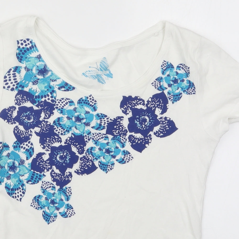 Debenhams Womens White Floral  Basic T-Shirt Size 12  - Blue Flowers