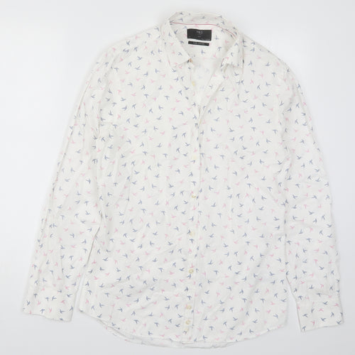 Marks and Spencer Mens White    Button-Up Size S  - Pink and Blue Bird Print
