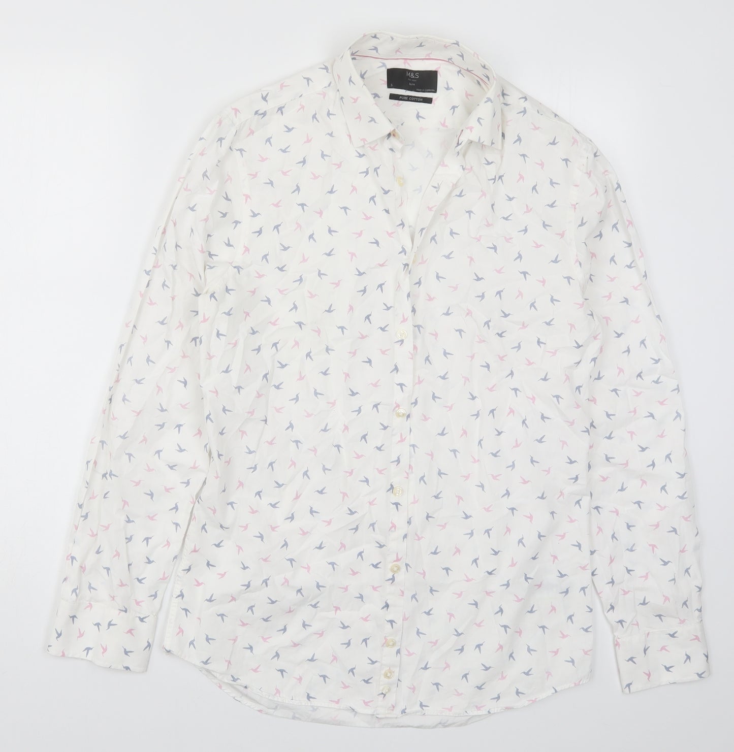 Marks and Spencer Mens White    Button-Up Size S  - Pink and Blue Bird Print