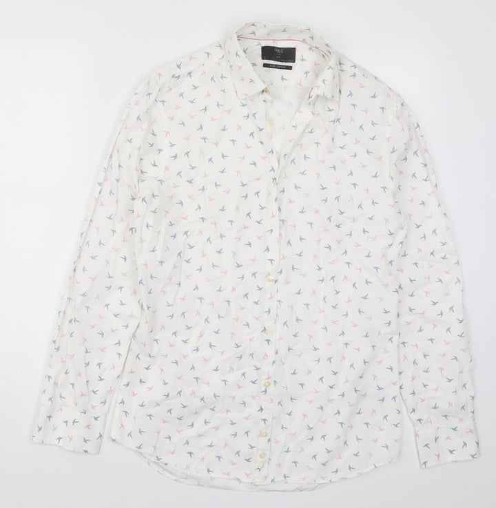 Marks and Spencer Mens White    Button-Up Size S  - Pink and Blue Bird Print
