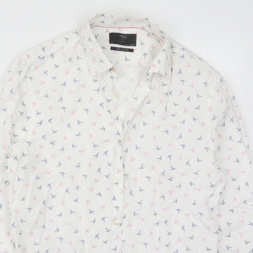 Marks and Spencer Mens White    Button-Up Size S  - Pink and Blue Bird Print
