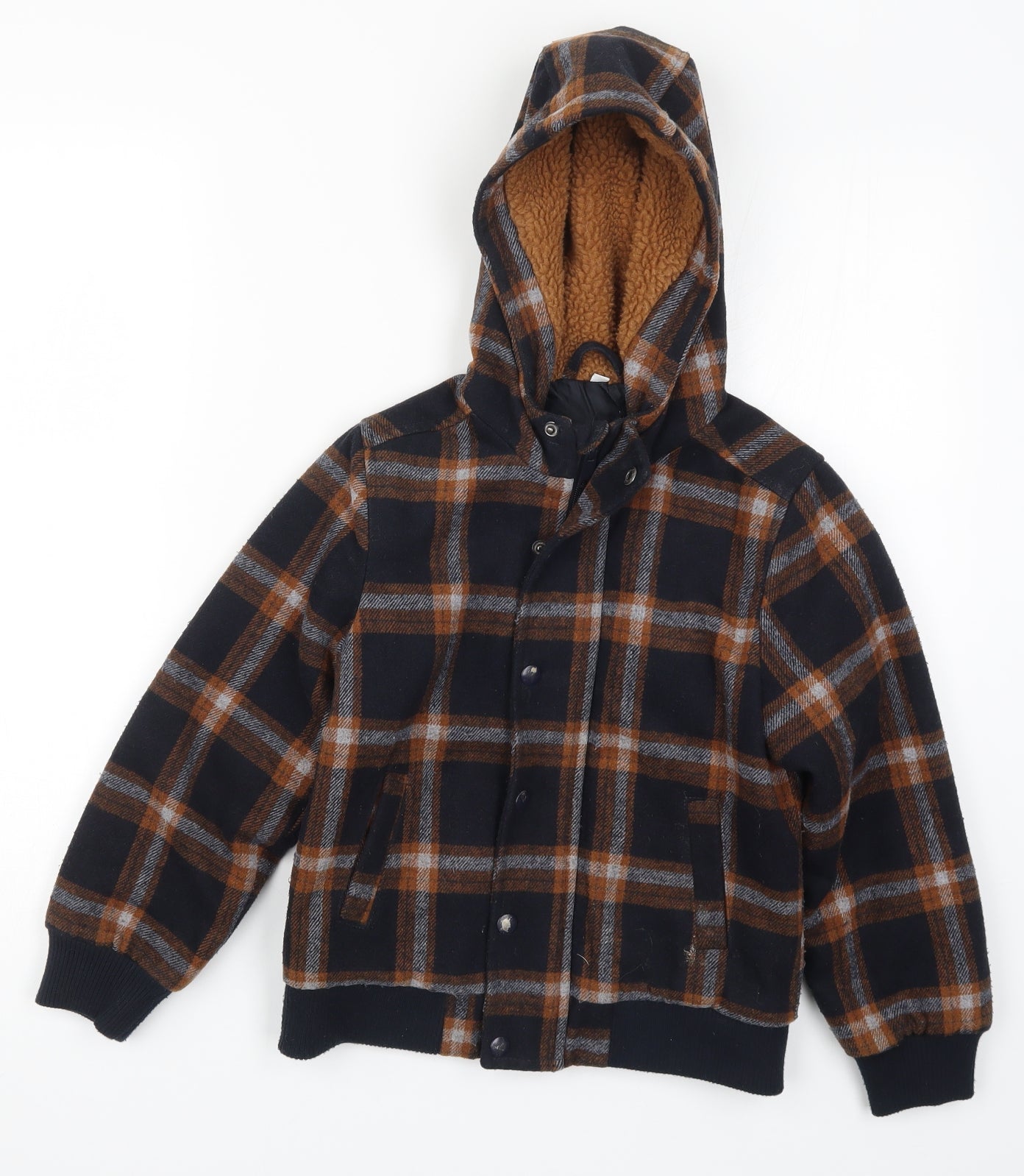 Preworn Boys Brown Check  Jacket Coat Size 7 Years  - Blue