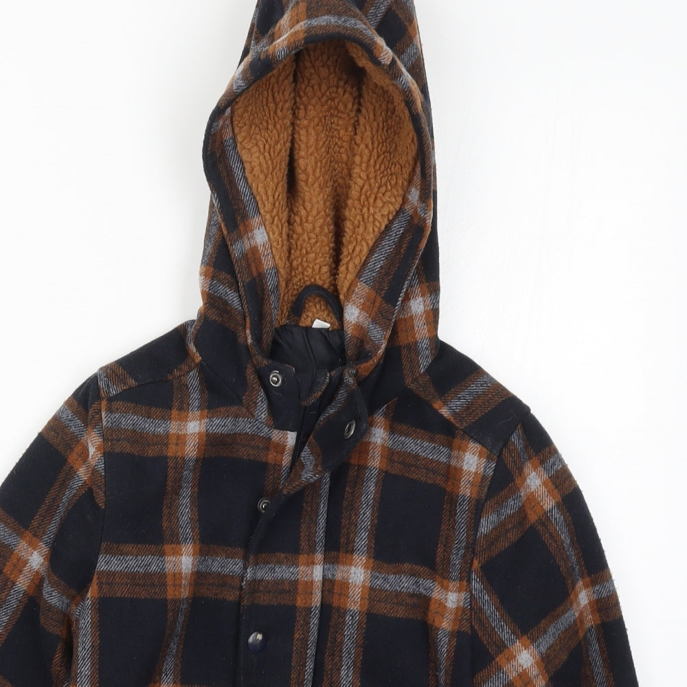 Preworn Boys Brown Check  Jacket Coat Size 7 Years  - Blue