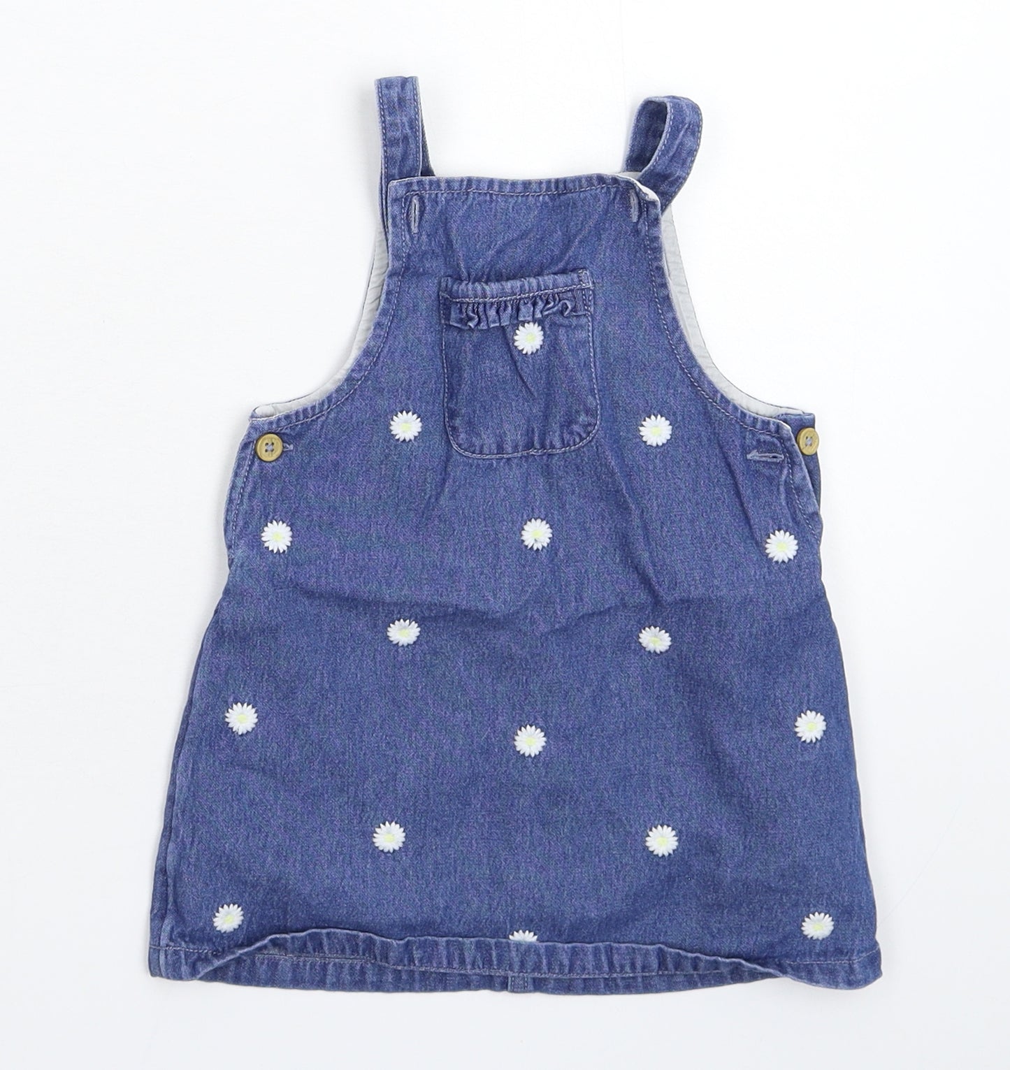 TU Girls Blue Floral Denim Pinafore/Dungaree Dress  Size 12-18 Months