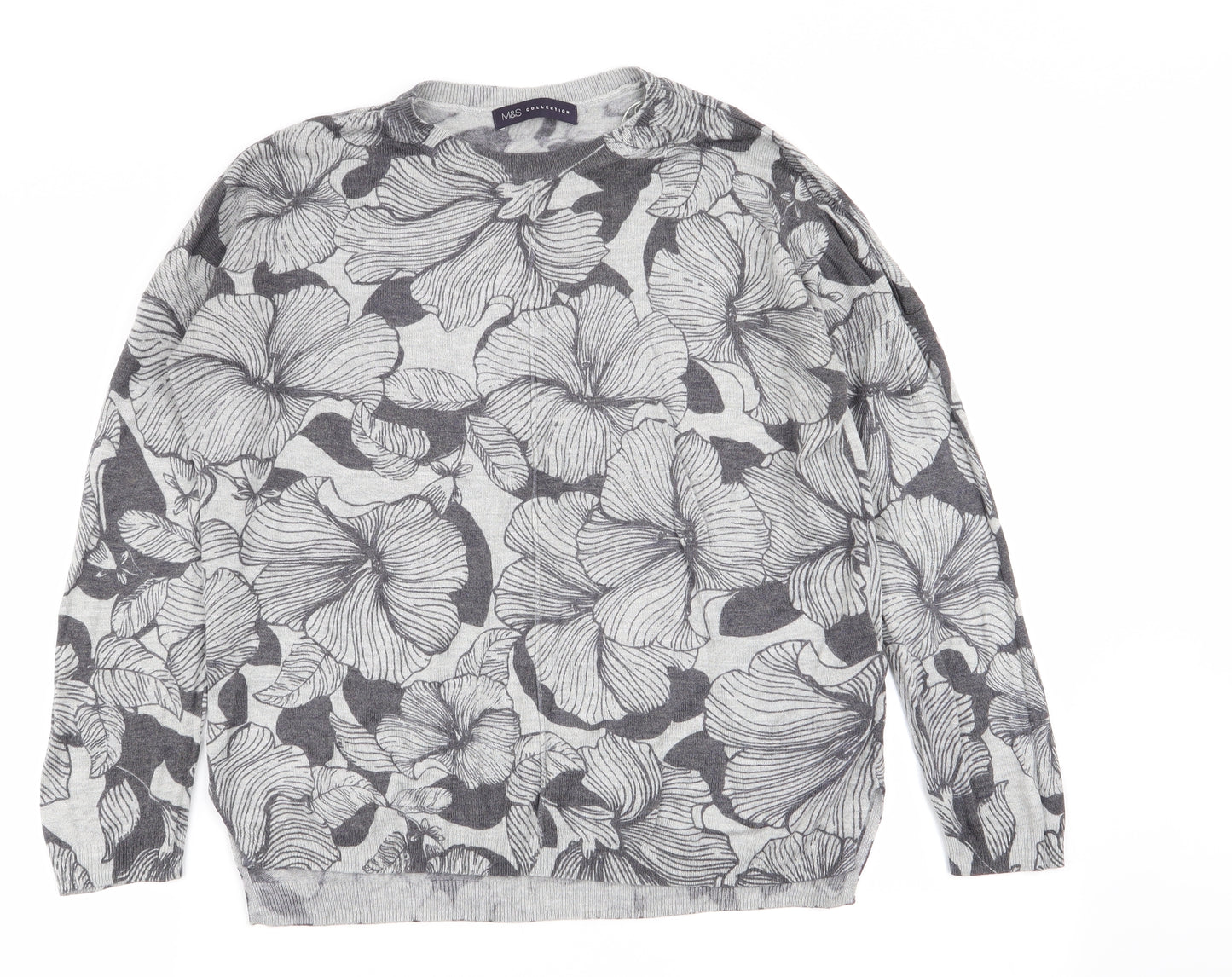 M&S Womens Grey Floral  Basic T-Shirt Size M
