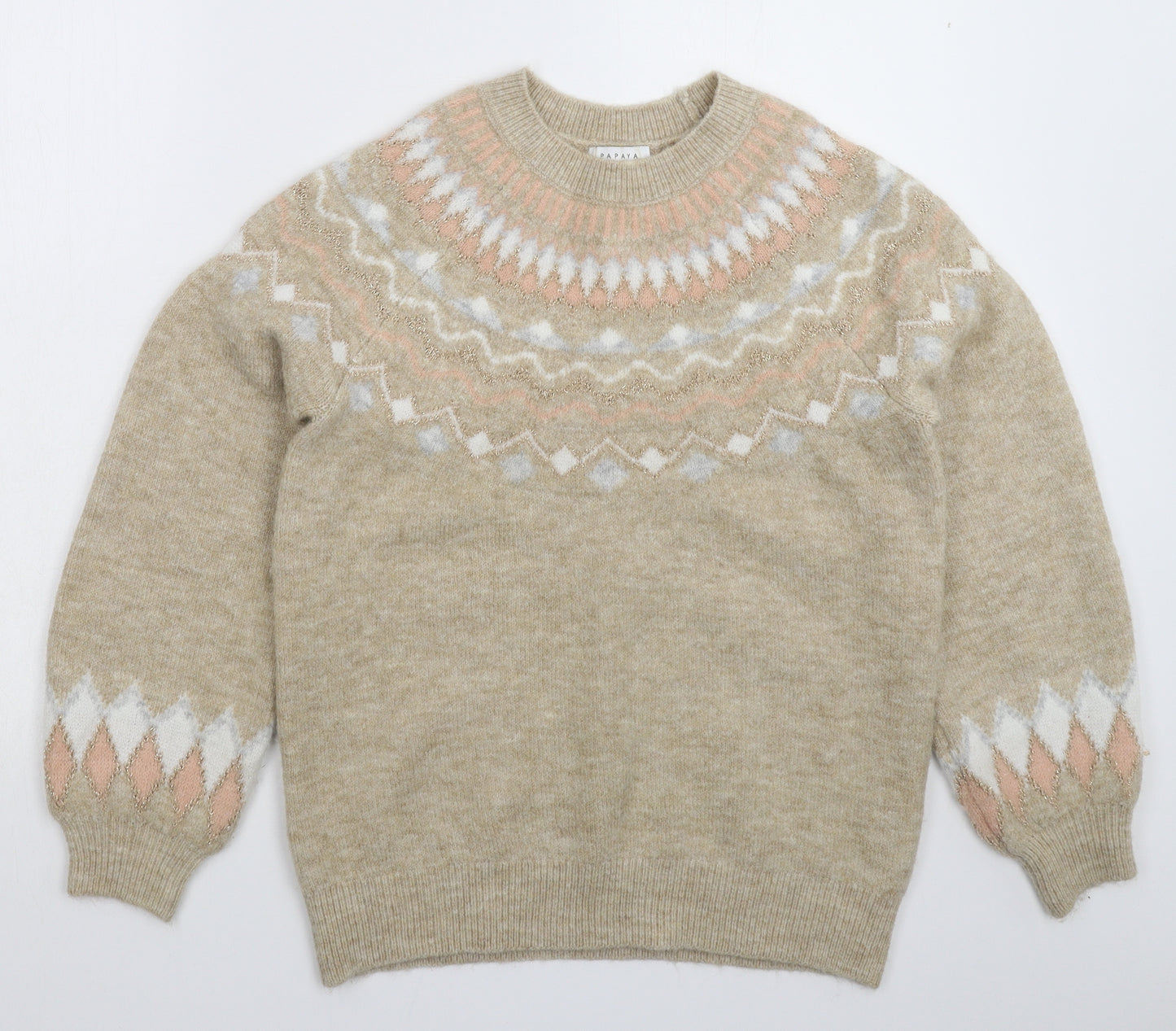 Papaya Womens Beige Geometric Knit Pullover Jumper Size S