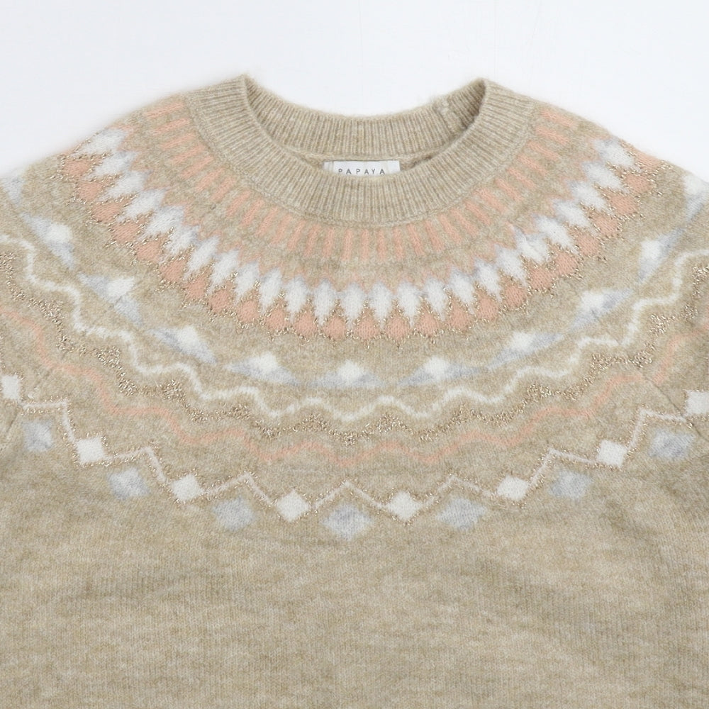 Papaya Womens Beige Geometric Knit Pullover Jumper Size S