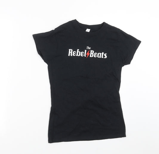 Front view of Gildan women’s black basic t-shirt, size S, - the rebel beats