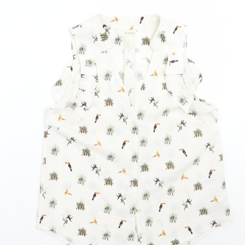 H&M< Womens Ivory Animal Print  Basic Button-Up Size 6
