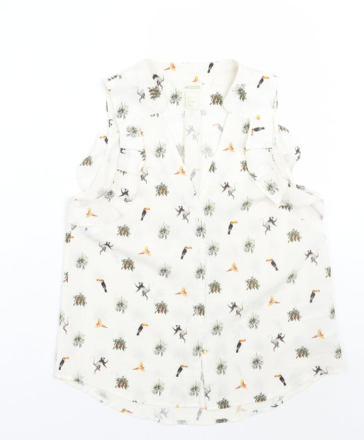 H&M< Womens Ivory Animal Print  Basic Button-Up Size 6