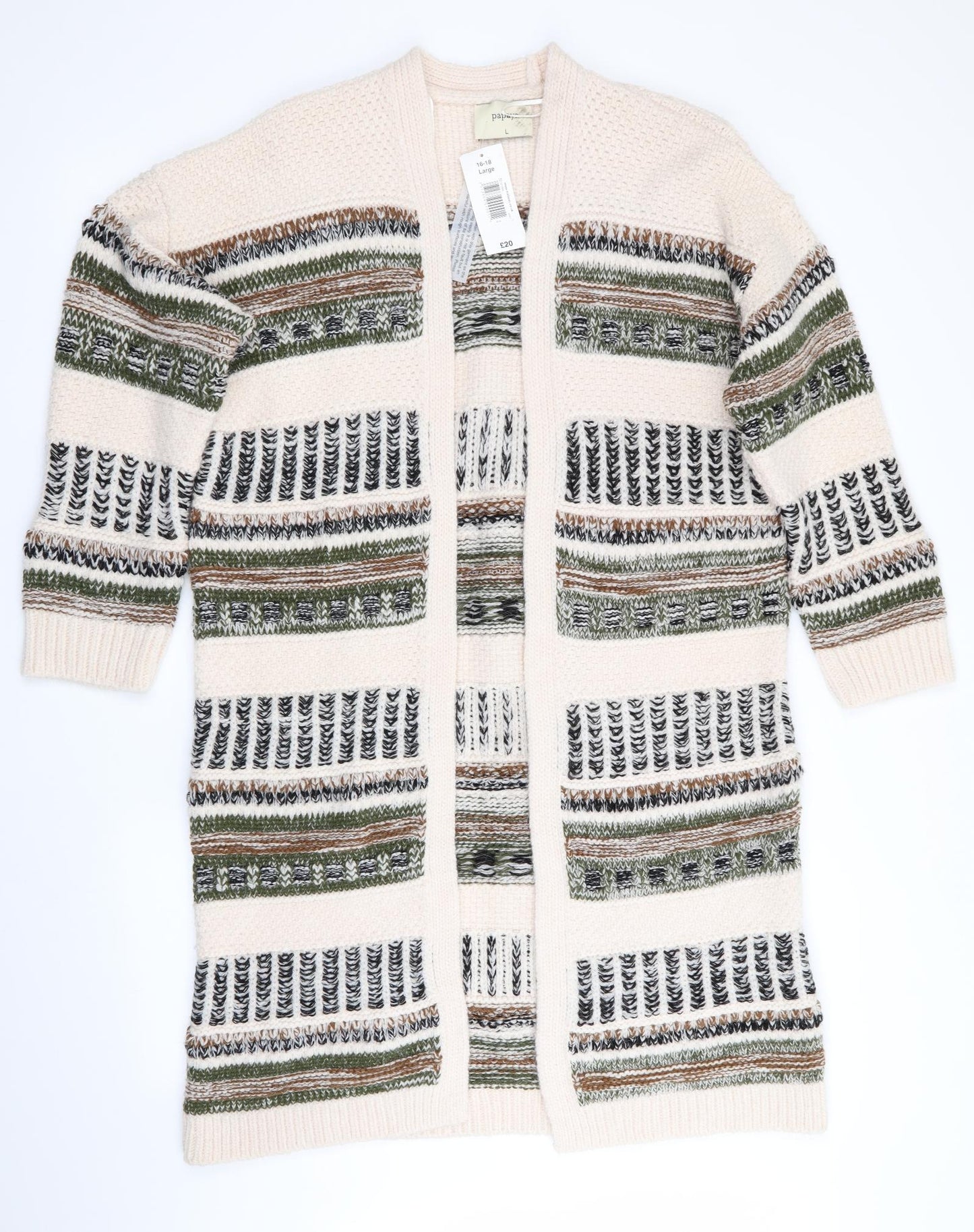 Papaya Womens Beige Geometric  Cardigan Jumper Size L  - Longline Cardigan