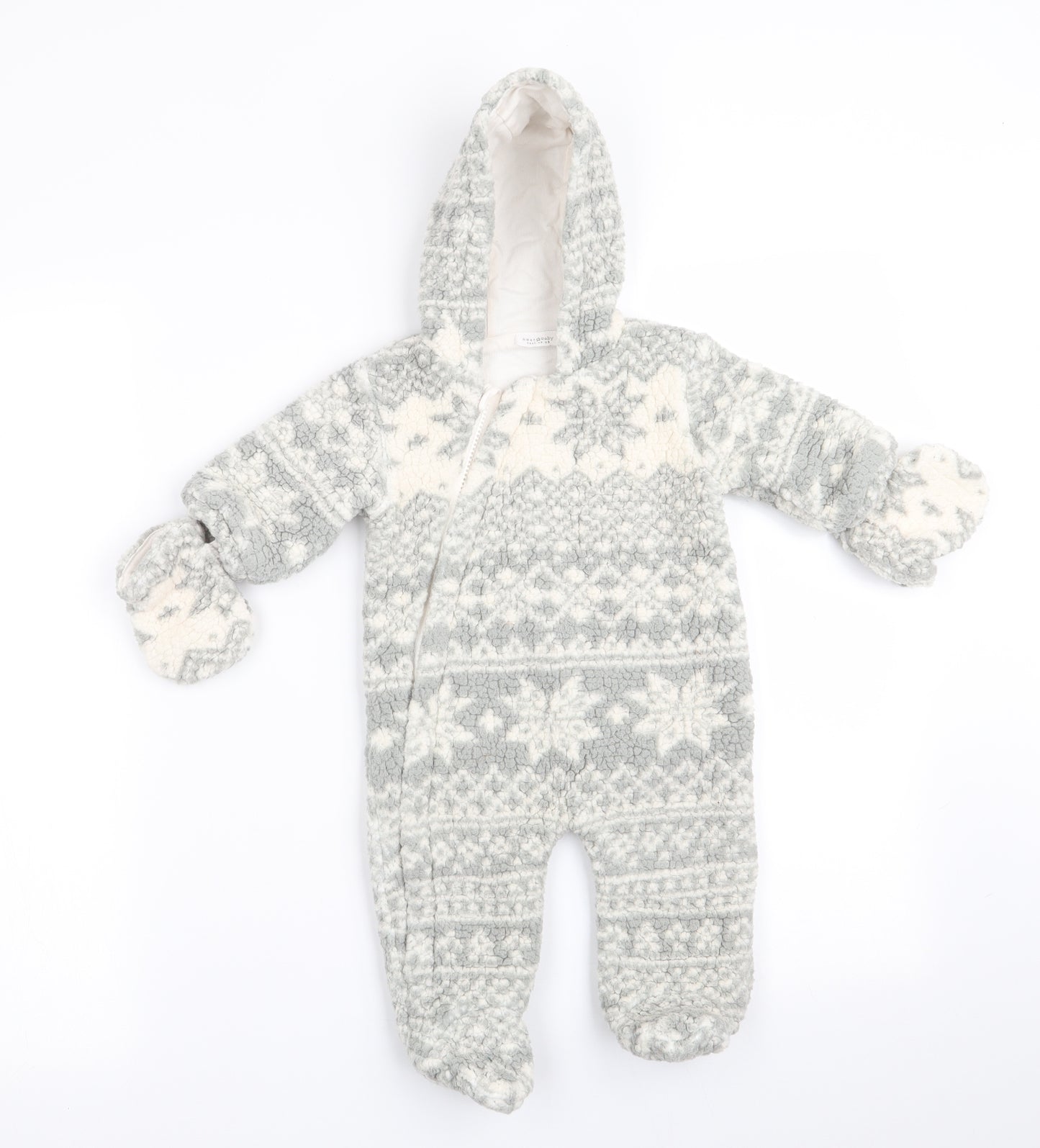 NEXT Boys Grey Geometric   Snowsuit Size 0-3 Months  - Snowflake print - with mittens