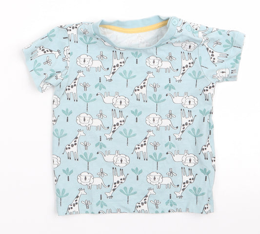 Front view of Matalan boys’ blue animal print basic t-shirt, size 9-12, months - wild animals