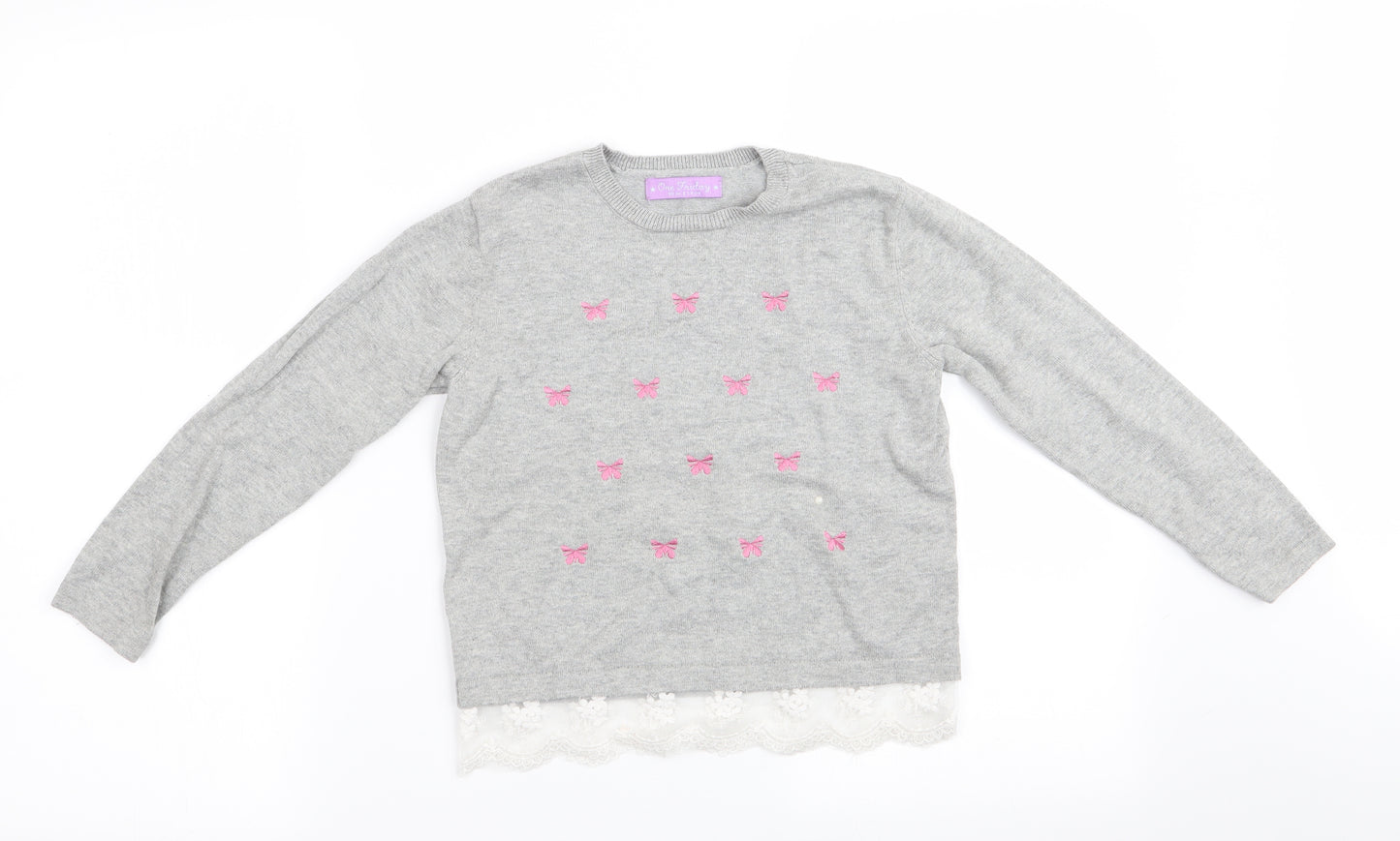 One Friday Girls Grey Floral  Pullover Jumper Size 7-8 Years  - Lace Hem Butterfly Print