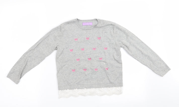One Friday Girls Grey Floral  Pullover Jumper Size 7-8 Years  - Lace Hem Butterfly Print