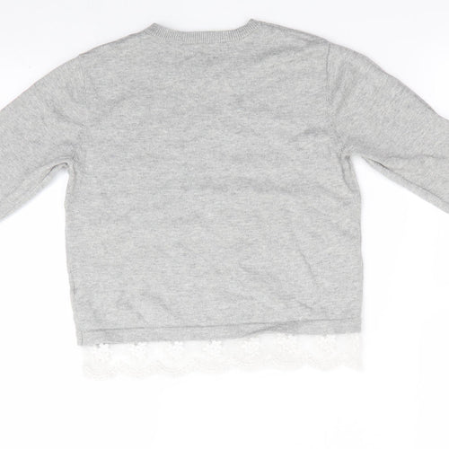 One Friday Girls Grey Floral  Pullover Jumper Size 7-8 Years  - Lace Hem Butterfly Print