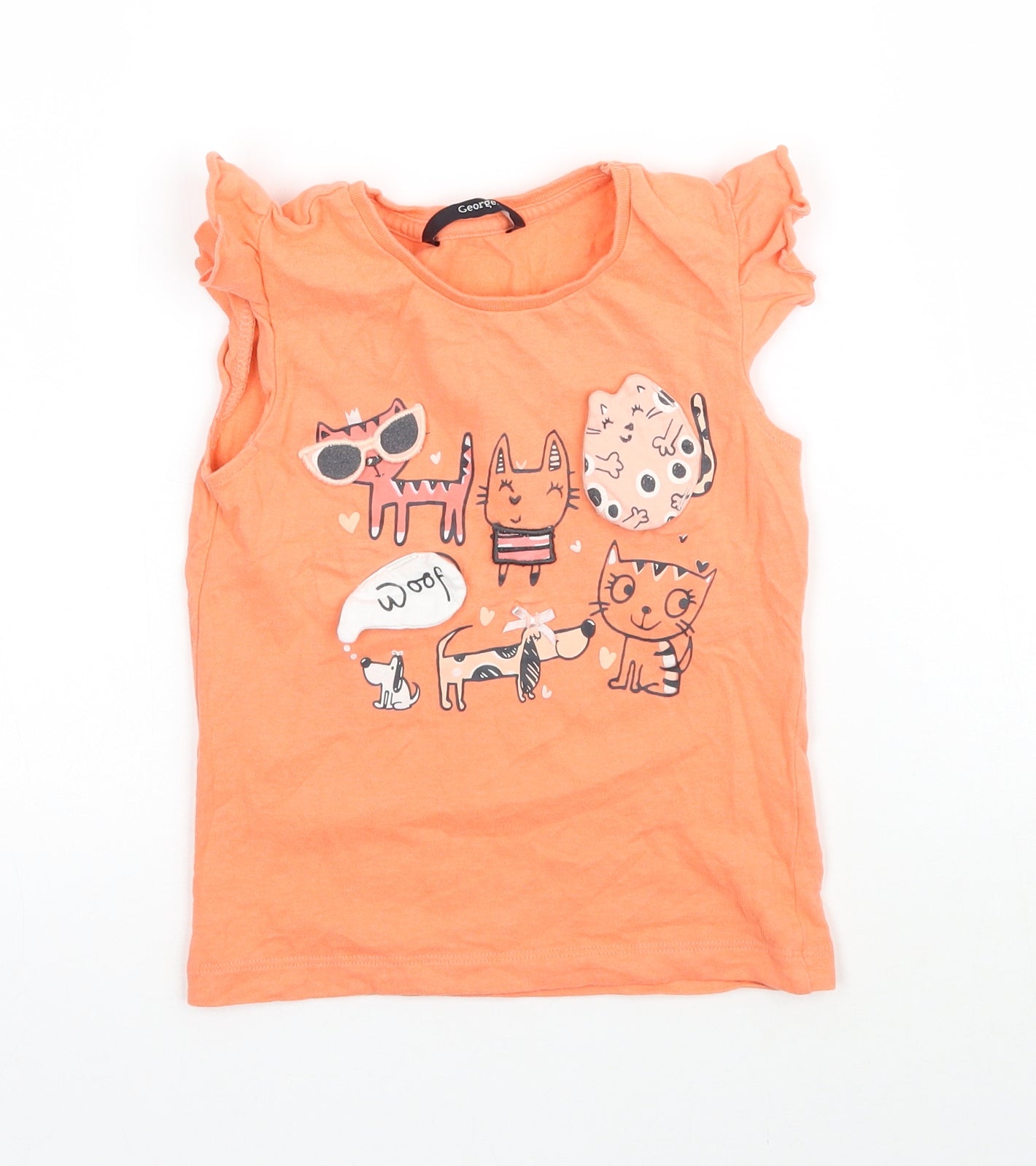 George Girls Orange   Basic T-Shirt Size 2-3 Years  - Cat Cats