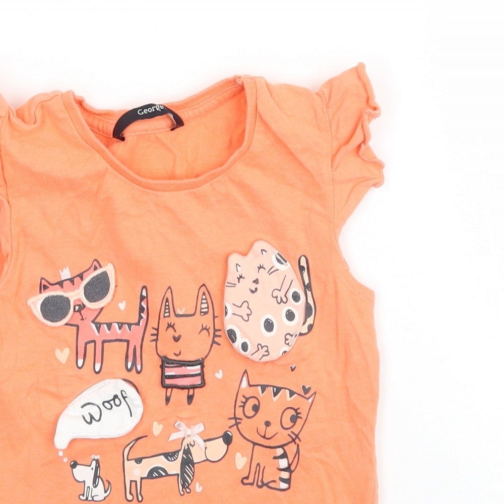 George Girls Orange   Basic T-Shirt Size 2-3 Years  - Cat Cats