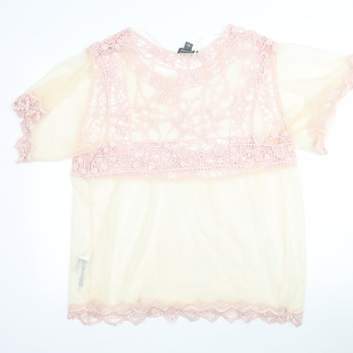 Primark Womens Pink  Mesh Basic Blouse Size L  - Light yellow / peach Lace