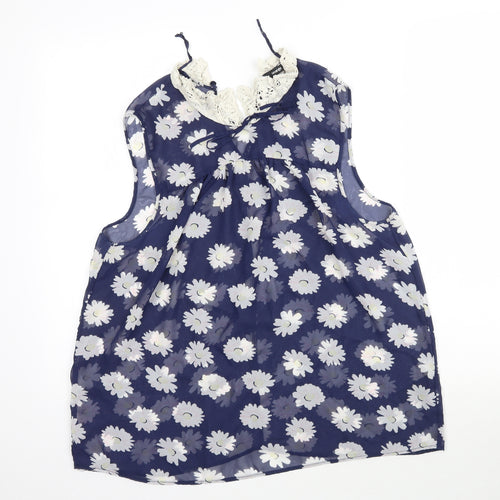 George Womens Blue Floral Mesh Basic Blouse Size 14