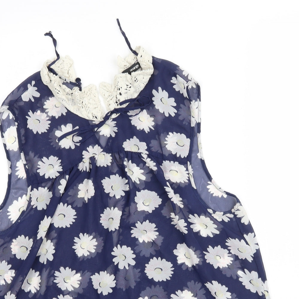 George Womens Blue Floral Mesh Basic Blouse Size 14