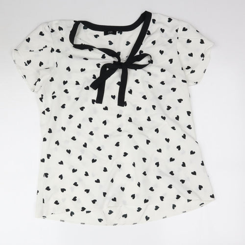 F&F Womens White  Mesh Basic Blouse Size L  - Tie detail Love heart