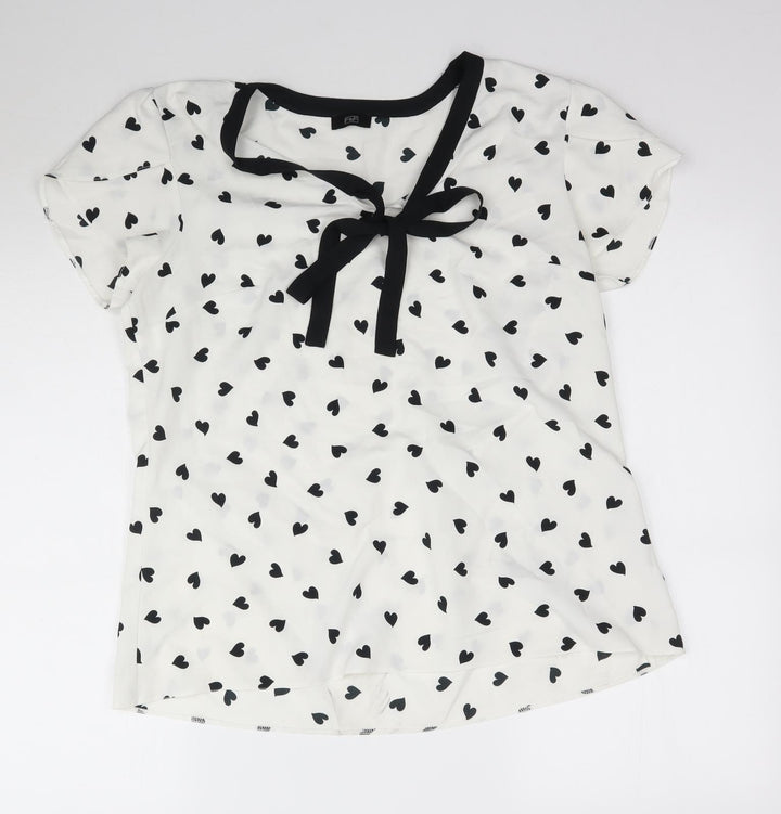 F&F Womens White Mesh Basic Blouse Size L - Tie detail Love heart