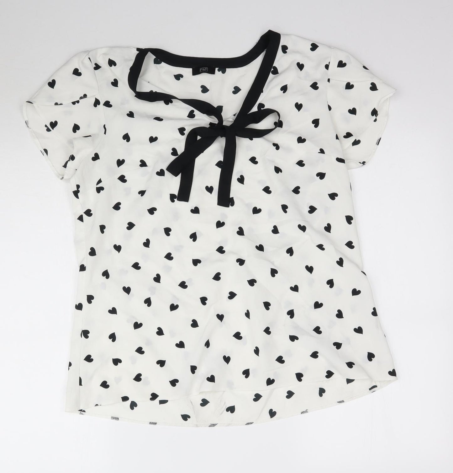 F&F Womens White  Mesh Basic Blouse Size L  - Tie detail Love heart
