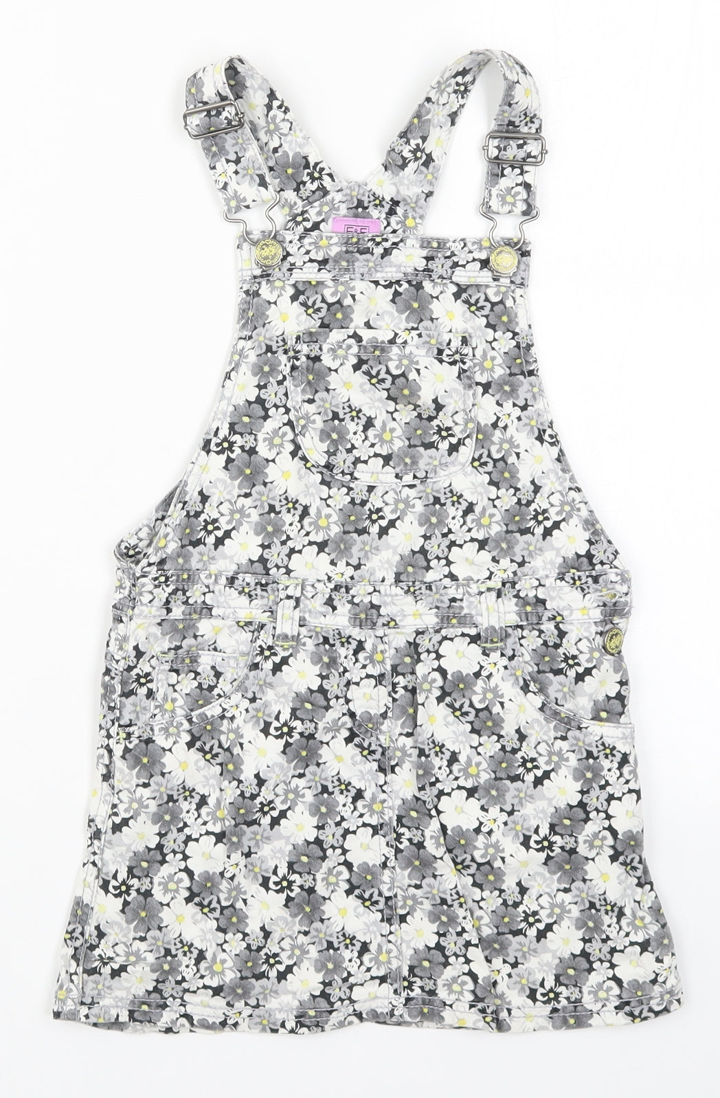 F&F Girls Grey Floral Denim Pinafore/Dungaree Dress  Size 6-7 Years