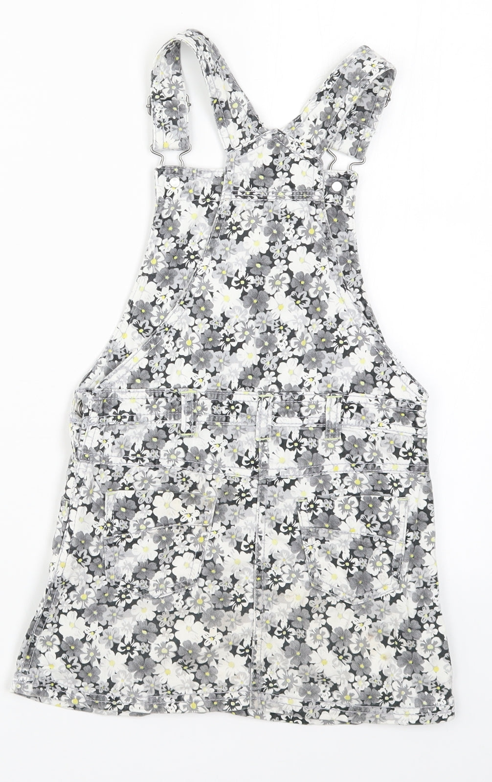 F&F Girls Grey Floral Denim Pinafore/Dungaree Dress  Size 6-7 Years