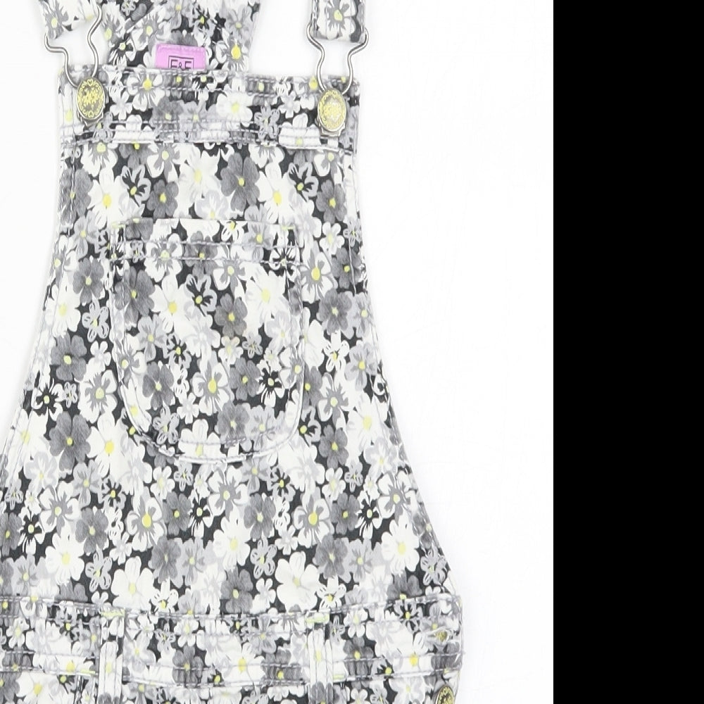 F&F Girls Grey Floral Denim Pinafore/Dungaree Dress  Size 6-7 Years